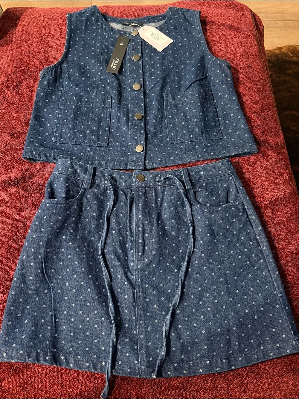 Studio by The Workshop Clothing Blue Polka Dot Denim Vest & A-Line Skirt Set
